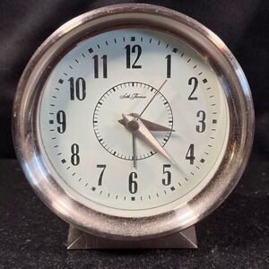 Seth Thomas Alarm Clock Brushed Silver Tone Metal Mid Century Modern Desk Decor